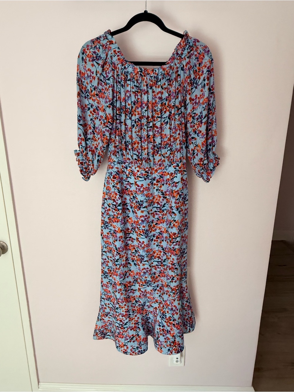 Saloni 100% Silk Floral Print Off The Shoulder Midi Dress Light Blue US 6 UK 10 - Picture 5 of 12